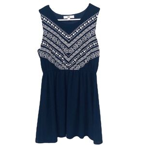 2/$30 Ya - Navy Blue White Embroidered Sleeveless Fit Flare Mini Dress Large
